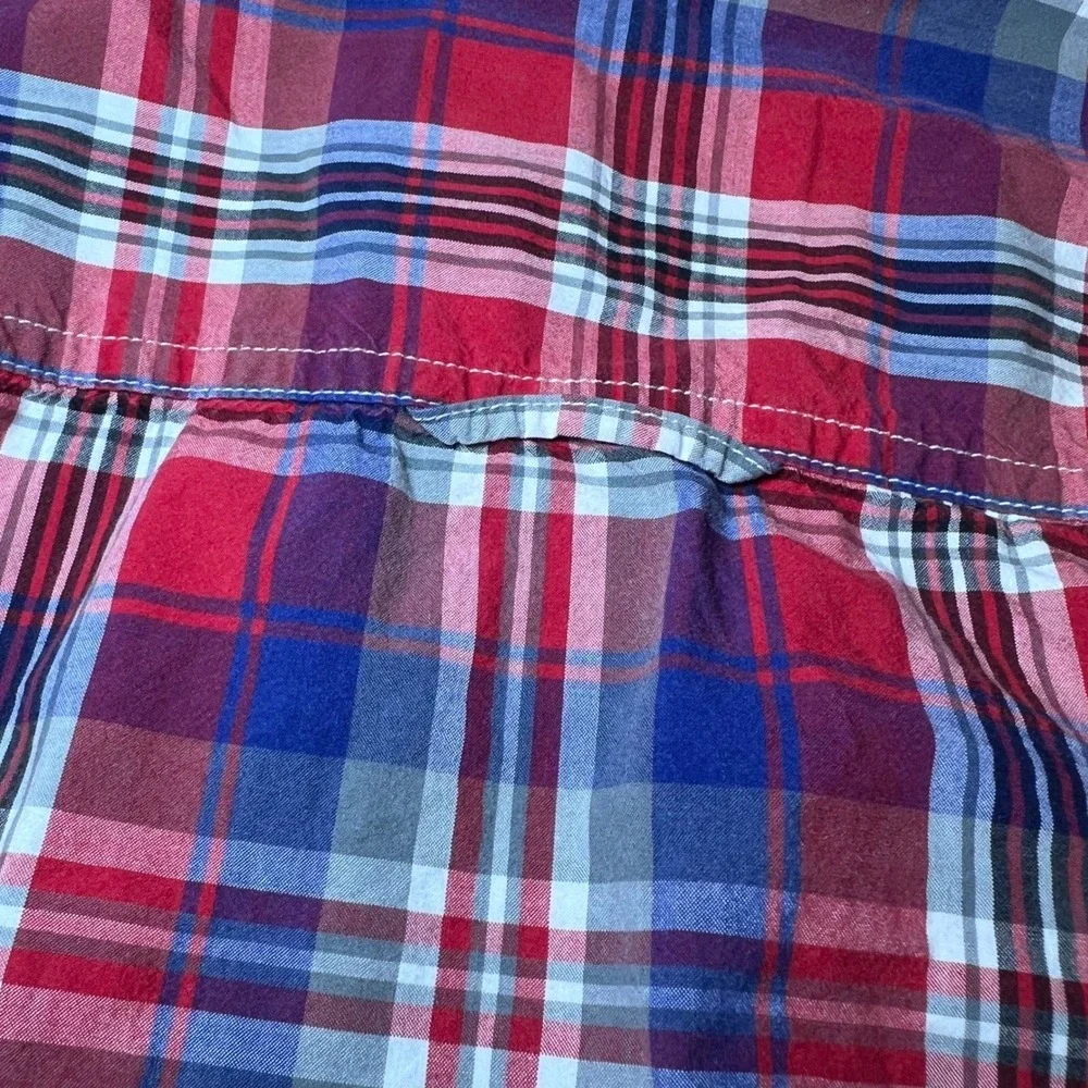 American Eagle Mens Size Short Sleeve Large Shirt Red Blue Plaid Vintage Fit‎